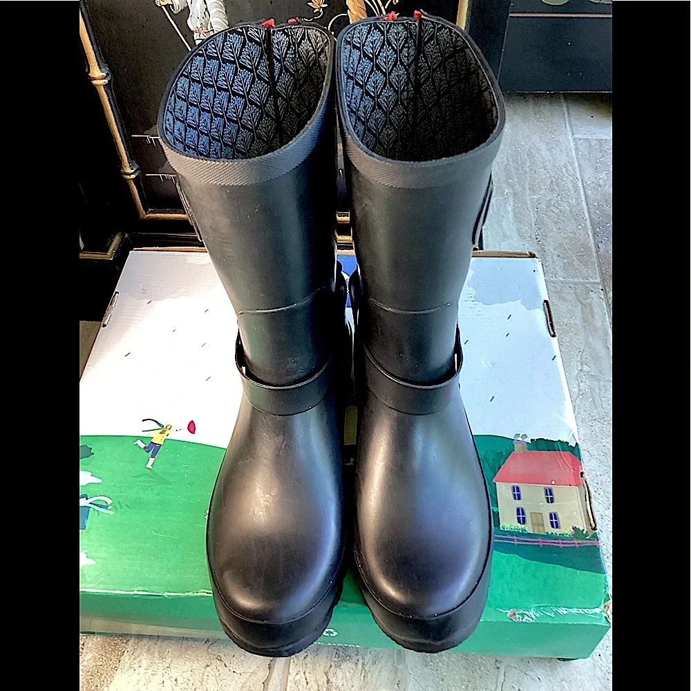 Joules Black Rain Boots with Red Zipper & buckles